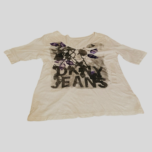 DKNY Womens Sz Lg White Logo Printed Black Flowers Purple Bling Cotton T-Shirt - Picture 1 of 16